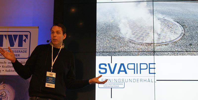 Christoffer Johansson från Svapipe var sist ut på Teknikträffen med rubriken ”Kontroll av felkopplingar” på föredraget. Foto Jan Bjerkesjö